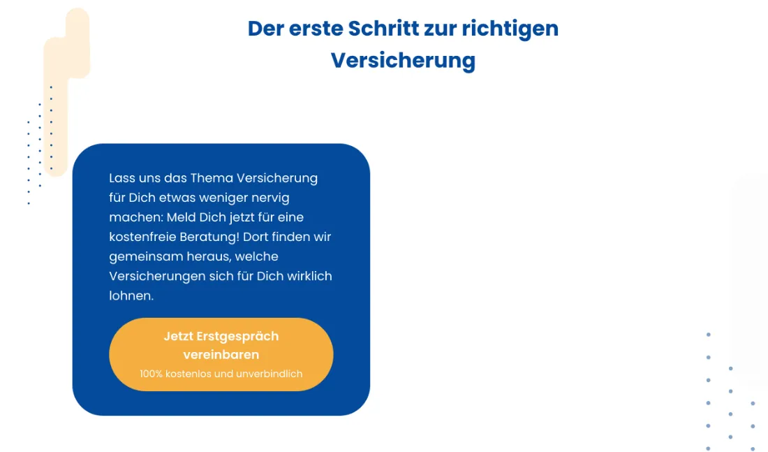 Ausschnitt der Website von Clear Finance Consulting, Dresden: Gut sichtbarer Button mit „Jetzt Erstgespräch vereinbaren“ und „100% kostenlos“ — der Besucher weiß, was zu tun ist und ohne Risiko.