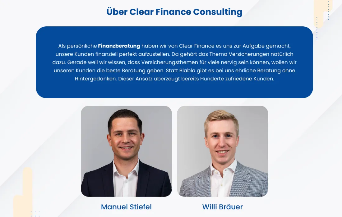 Ausschnitt der Website von Clear Finance Consulting, Dresden: Texte mit klarer Haltung plus zwei Gesichter mit Namen — das senkt Distanz und macht den Ansprechpartner greifbar.