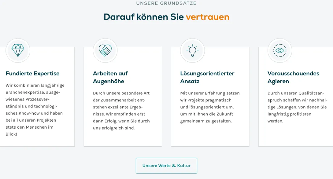 Ausschnitt der Website von Convista Consulting AG, Rhein-Neckar-Kreis: Vier klar gegliederte Grundsätze mit Icons und Kurztext — der Besucher versteht Haltung und Arbeitsweise auf einen Blick.