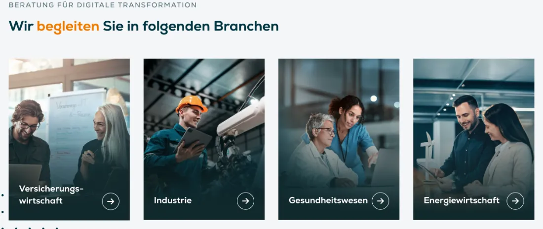 Ausschnitt der Website von Convista Consulting AG, Rhein-Neckar-Kreis: Vier Branchenkacheln mit klaren Titeln und Pfeil-Links — wer sucht, findet den passenden Bereich ohne Menüakrobatik.