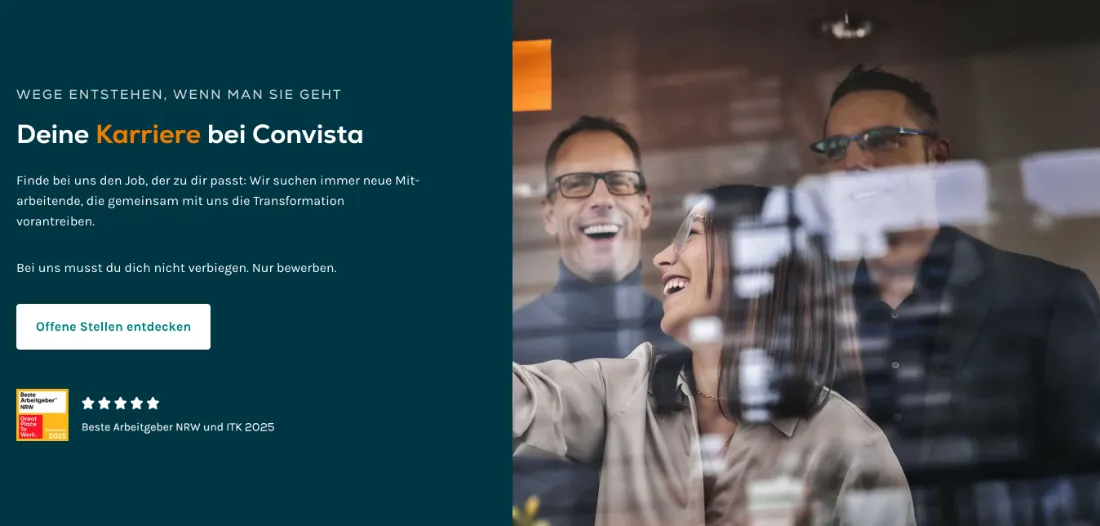 Ausschnitt der Website von Convista Consulting AG, Rhein-Neckar-Kreis: Großer CTA „Offene Stellen entdecken“ plus Gütesiegel und fünf Sterne — Bewerber erkennen Richtung und Vertrauensbeleg sofort.