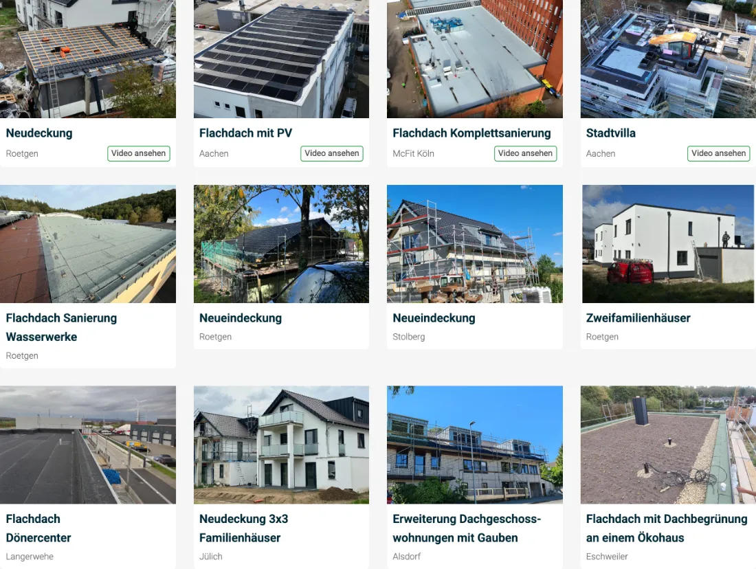 Ausschnitt der Website von CS Bedachungen – Dachdecker Roetgen 2026, Städteregion Aachen: Zwölf Projekte mit klaren Titeln und Orten — wer sucht, erkennt auf einen Blick passende Referenzen in der Nähe.