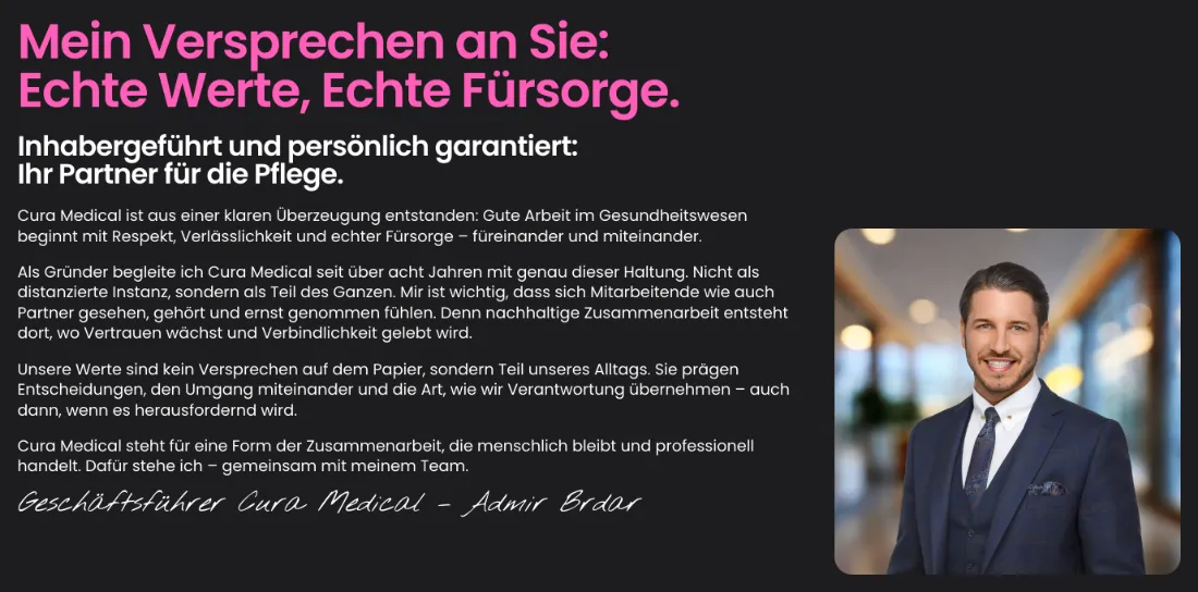 Ausschnitt der Website von Cura Medical GmbH, Frankfurt am Main: Gründerstatement mit Foto und klaren Absätzen — der Besucher erkennt Haltung und Verantwortliche, nicht nur ein Firmenlogo.