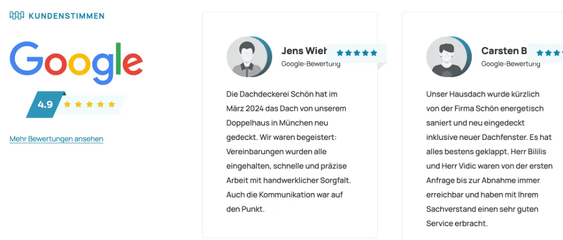 Ausschnitt der Website von Dachdeckerei Schön GmbH, München: Großes Google-Siegel mit 4,9 Sternen und Link zu mehr Stimmen — soziale Belege auf einen Blick, Vertrauen ohne langes Suchen.