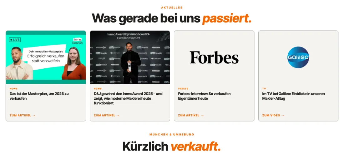 Ausschnitt der Website von D&J Immobilien GmbH & Co. KG, München: Vier aktuelle Referenzen aus Presse, TV und Award — externe Belege, die Aussagen stützen und direkt zum Artikel führen.