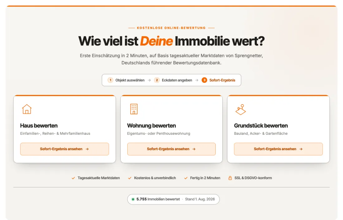 Ausschnitt der Website von D&J Immobilien GmbH & Co. KG, München: Drei klar getrennte Wege mit 3‑Schritt-Leiste — wer sucht, erkennt Aufwand und erhält ein Sofort‑Ergebnis in 2 Minuten.
