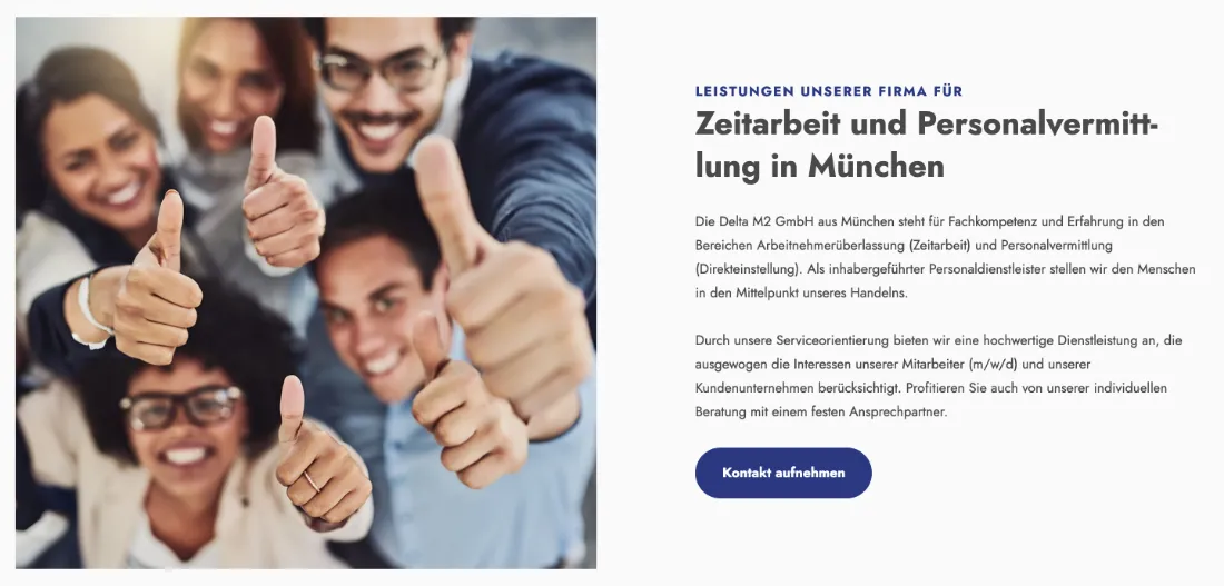 Ausschnitt der Website von Delta M2 GmbH, München: Klarer Titel mit Leistung und Ort („Zeitarbeit und Personalvermittlung in München“) — wer sucht, erkennt sofort die Relevanz.