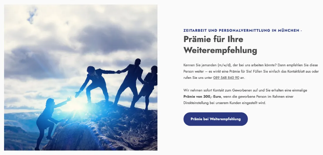 Ausschnitt der Website von Delta M2 GmbH, München: Konkrete Prämie von 300 Euro und klare Bedingung — der Besucher muss nichts nachfragen und kann sofort handeln.