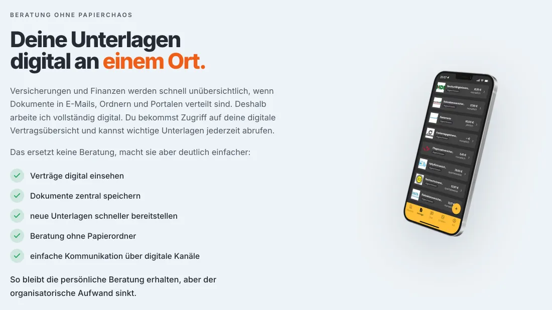 Ausschnitt der Website von Infino Finanzberatung GmbH & Co. KG, Dortmund: Überschrift mit Versprechen + fünf Häkchen listen konkrete Funktionen — der Besucher erkennt sofort, was digital erledigt wird.