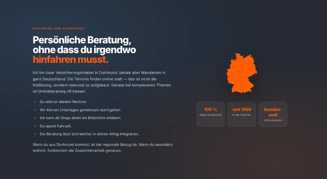 Ausschnitt der Website von Infino Finanzberatung GmbH & Co. KG, Dortmund: Karte plus drei Fakten-Kacheln ordnen das Angebot ein — 100 %, seit 1999 und bundesweit liefern Belege statt Floskeln.