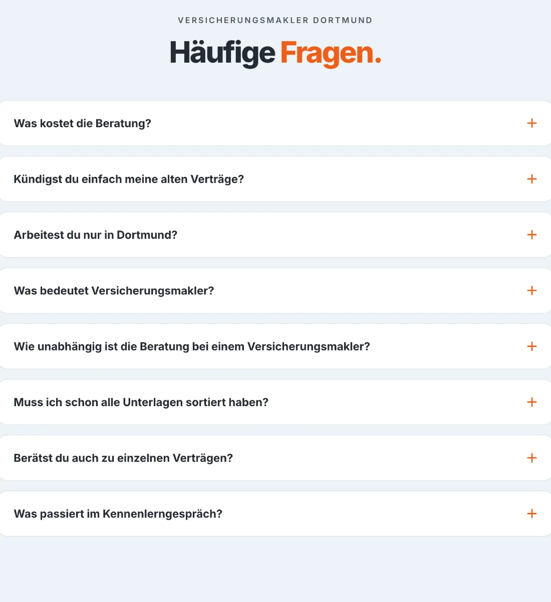 Ausschnitt der Website von Infino Finanzberatung GmbH & Co. KG, Dortmund: Acht klare Fragen im Akkordeon — der Besucher findet typische Antworten sofort und spart Rückfragen per Mail oder Telefon.