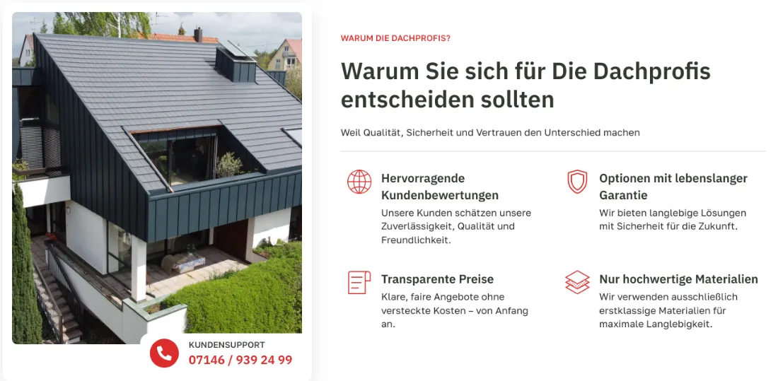 Ausschnitt der Website von DIE DACHPROFIS Remseck, Landkreis Ludwigsburg: Vier Gründe klar nebeneinander; darunter Hotline 07146 939 24 99 — der Besucher sieht Belege und hat sofort einen direkten Draht.