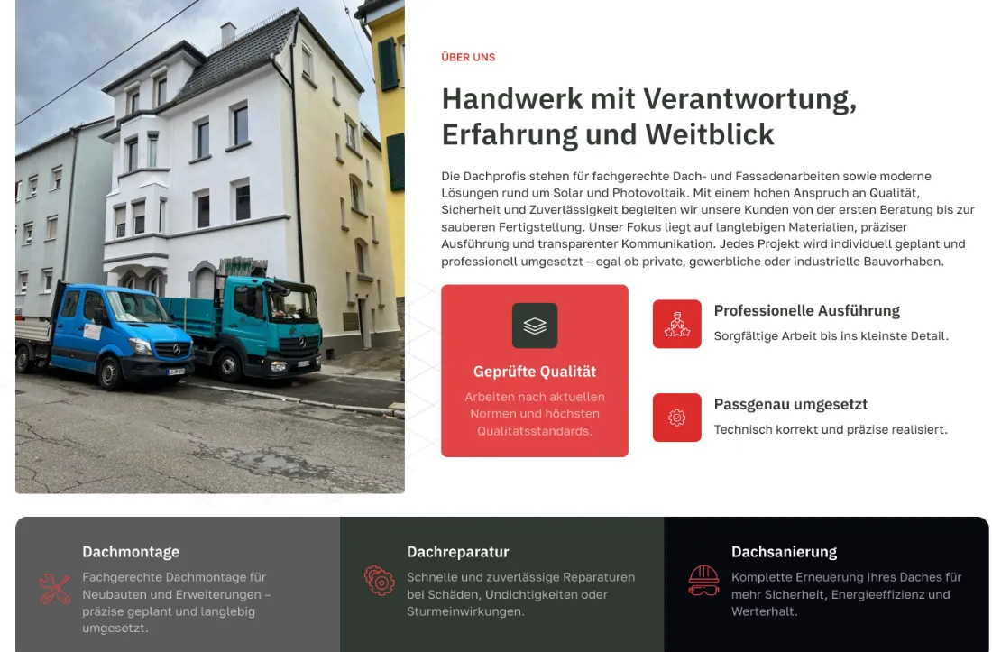 Ausschnitt der Website von DIE DACHPROFIS Remseck, Landkreis Ludwigsburg: Einleitung mit drei Qualitätssiegeln und unten drei Leistungen — der Besucher versteht Vorgehen und Angebot ohne Umwege.