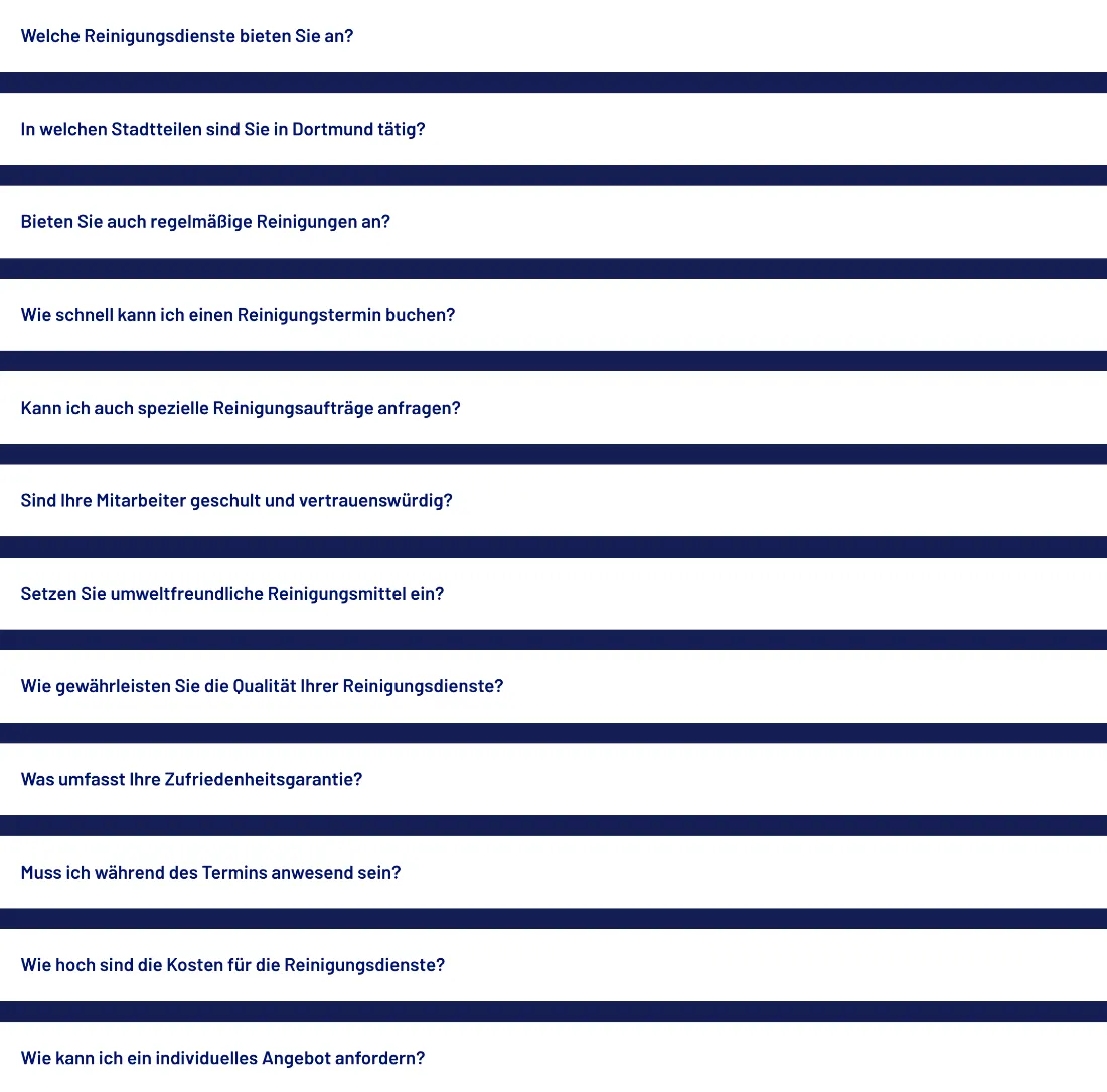 Ausschnitt der Website von Meier & Mede GbR, Dortmund: Zwölf klar formulierte FAQs decken Ablauf, Preis und Qualität ab — der Besucher muss Grundinfos nicht mühsam zusammensuchen.