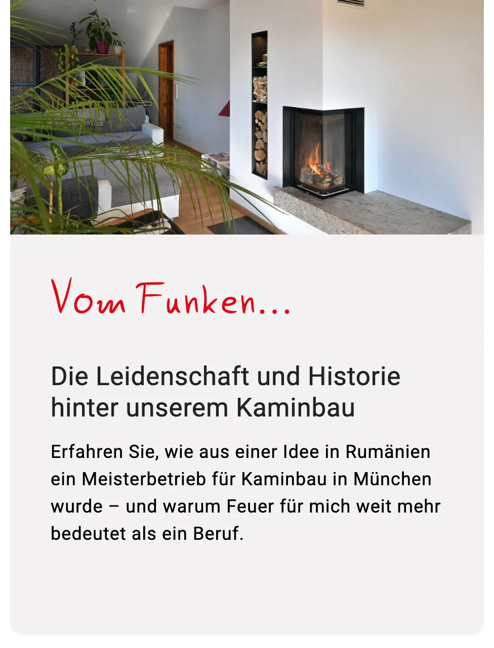 Ausschnitt der Website von Alexandru Dobi Kamin- und Ofenbaumeister, München: Konkrete Herkunft mit zwei Orten genannt — wer sucht, versteht in Sekunden, wer dahintersteht und was ihn antreibt.
