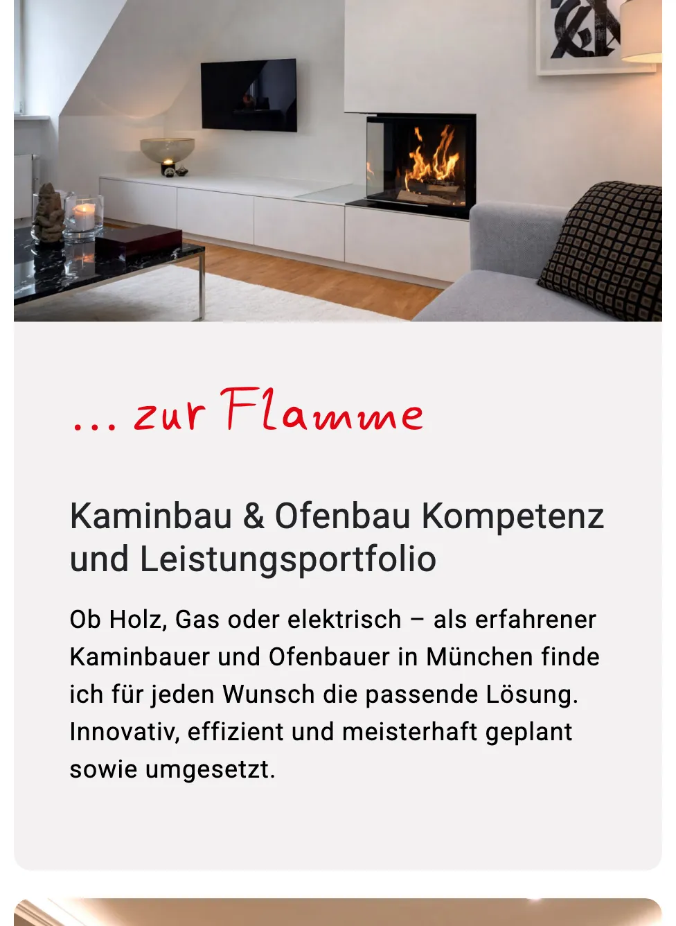Ausschnitt der Website von Alexandru Dobi Kamin- und Ofenbaumeister, München: Drei Betriebsarten klar genannt — der Besucher erkennt sofort, ob Holz, Gas oder Elektro zum Bedarf passt.