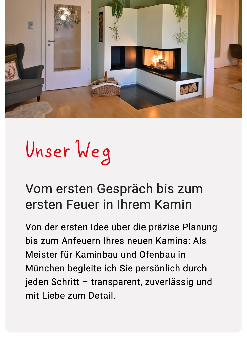 Ausschnitt der Website von Alexandru Dobi Kamin- und Ofenbaumeister, München: Vom Erstgespräch bis zum Anfeuern als feste Etappen — der Besucher sieht den Ablauf und kann Aufwand realistisch einschätzen.