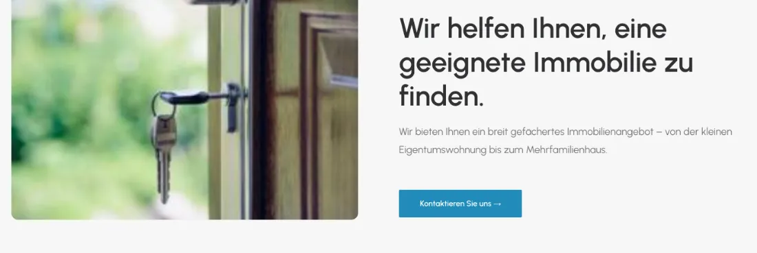 Ausschnitt der Website von Immobilien & Service ­Richter e.K., Dortmund: Versprechen plus Bandbreite von Wohnung bis Mehrfamilienhaus — wer sucht, sieht die Passung und hat den Kontaktknopf parat.