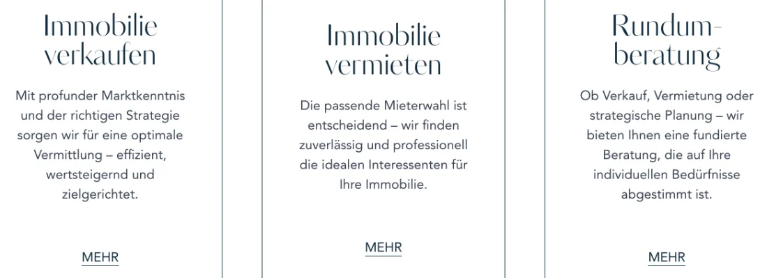 Ausschnitt der Website von Drescher Immobilien GmbH, München: Drei klar getrennte Leistungen mit je einem 'Mehr'-Link — wer sucht, findet ohne Umwege den passenden Einstieg.