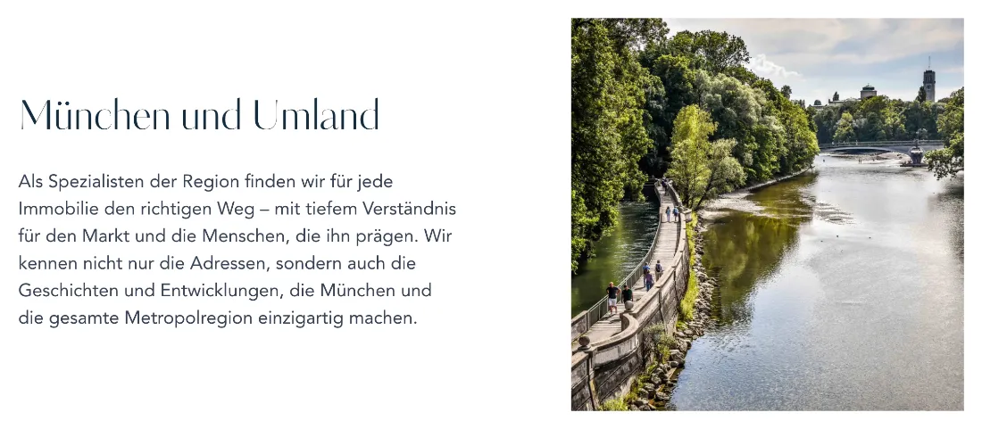 Ausschnitt der Website von Drescher Immobilien GmbH, München: Überschrift nennt München und Umland, der Isarblick bestätigt es visuell — wer regional sucht, sieht sofort den Schwerpunkt.