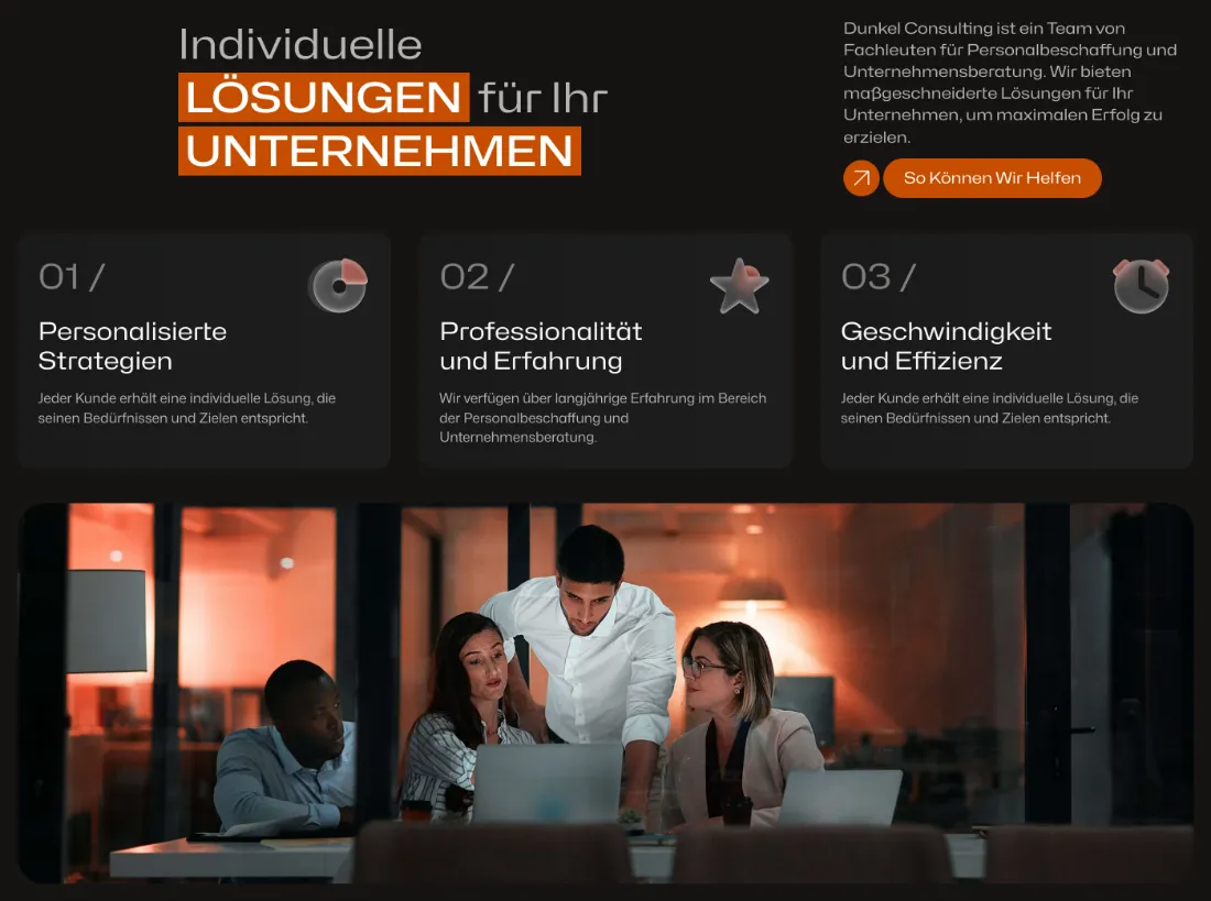 Ausschnitt der Website von Dunkel Consulting, Mülheim an der Ruhr: Drei nummerierte Kacheln 01–03 mit kurzen Texten — wer sucht, erkennt die Kernvorteile des Angebots in Sekunden.