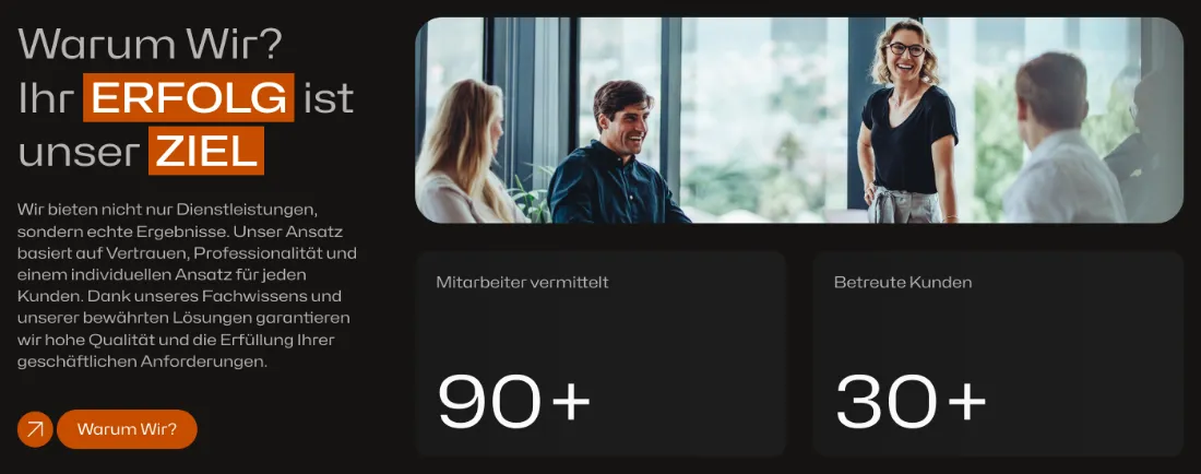 Ausschnitt der Website von Dunkel Consulting, Mülheim an der Ruhr: Messbare Kennzahlen 90+ Vermittlungen und 30+ Kunden — der Besucher prüft Leistung ohne Floskeln, Zahlen schaffen Vertrauen.