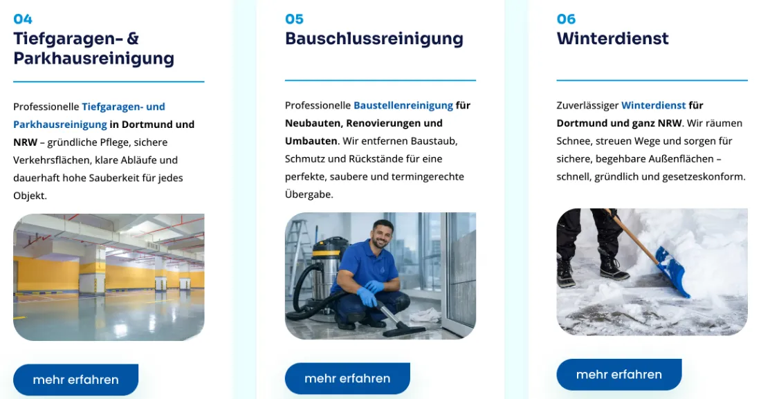 Ausschnitt der Website von Easy & Clean Gebäudereinigung GmbH, Dortmund: Nummerierte Service-Kacheln mit Ort und Kurztext — wer sucht, überblickt in Sekunden drei Angebote und klickt gezielt weiter.