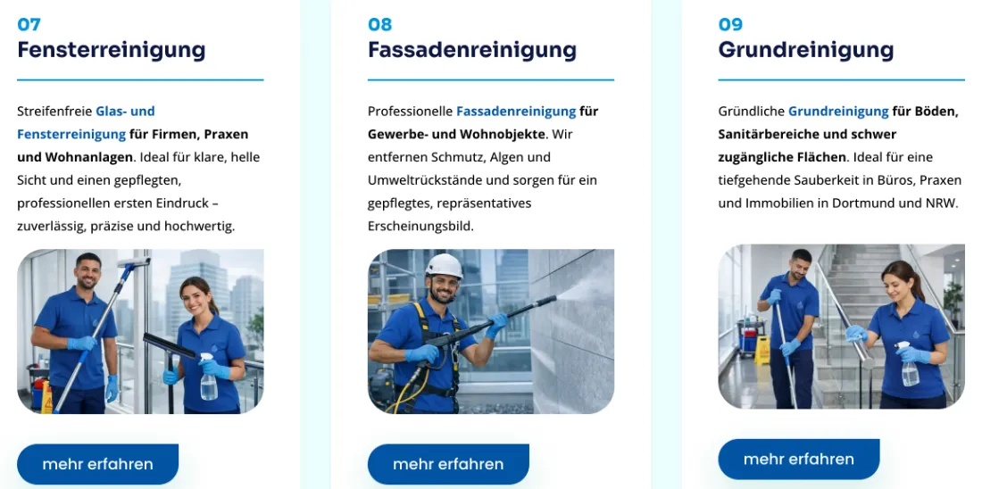 Ausschnitt der Website von Easy & Clean Gebäudereinigung GmbH, Dortmund: Fortlaufende Nummerierung 07–09 und gleiche Struktur — der Besucher muss nichts lernen und findet schnell die Wunschleistung.