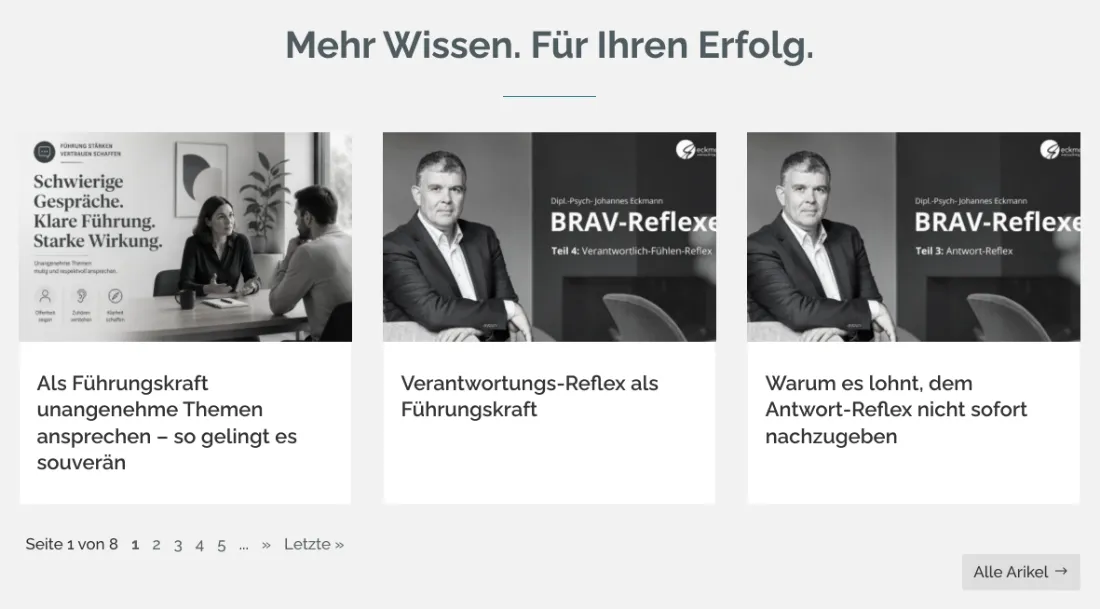 Ausschnitt der Website von eckmann consulting gmbh, Landkreis München: Klare Teaser mit konkreten Titeln und Paginierung 'Seite 1 von 8' — wer stöbert, erkennt den Umfang und findet schnell weiter.