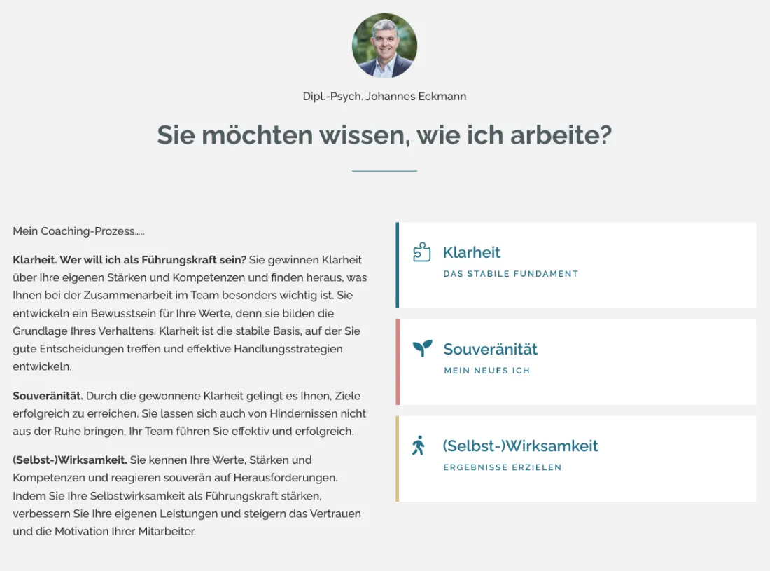 Ausschnitt der Website von eckmann consulting gmbh, Landkreis München: Drei klar benannte Bausteine mit Icons strukturieren den Prozess — wer prüft den Ablauf, versteht Ziel und Weg auf einen Blick.