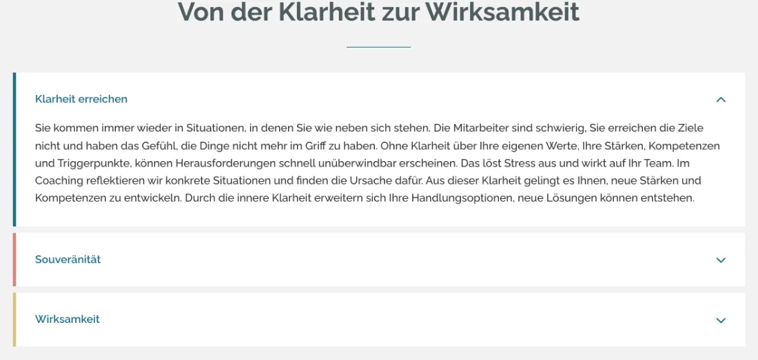 Ausschnitt der Website von eckmann consulting gmbh, Landkreis München: Akkordeon mit 3 Abschnitten, nur einer geöffnet — lange Erklärungen bleiben übersichtlich, wer Details will, klappt gezielt auf.