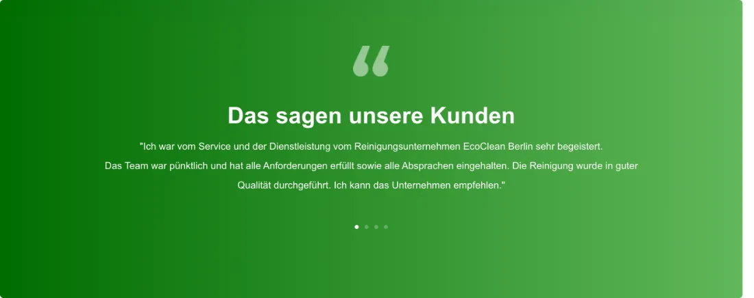 Ausschnitt der Website von EcoClean Berlin, Berlin: Überschrift und wörtliches Zitat, dazu 3 Slider-Punkte — wer sucht, erkennt sofort mehrere nachvollziehbare Erfahrungen.