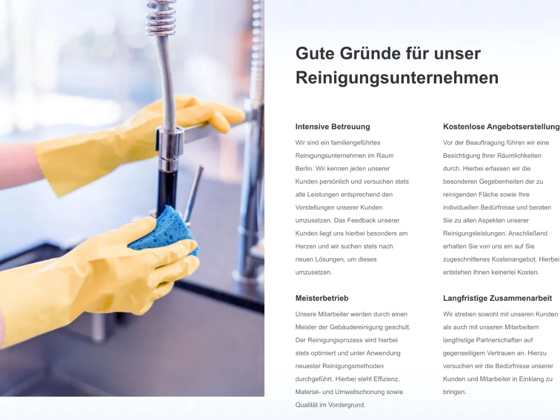 Ausschnitt der Website von EcoClean Berlin, Berlin: Vier klar benannte Gründe mit je einem Absatz — der Besucher erfasst Leistungen und Ablauf schnell, ohne lange Texte zu suchen.