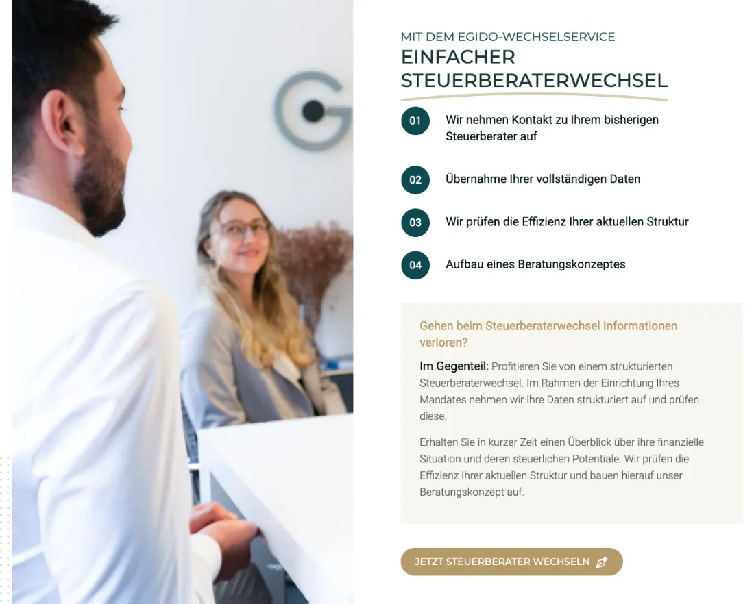 Ausschnitt der Website von EGIDO, Hamburg: Vier nummerierte Schritte und eine Box zur Datensicherheit — wer wechselt, versteht den Ablauf und startet per Button ohne Umwege.
