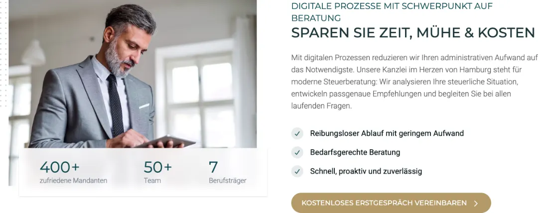 Ausschnitt der Website von EGIDO, Hamburg: 400+ Mandate, 50+ Team, 7 Berufsträger — konkrete Kennzahlen geben Orientierung und untermauern die Versprechen der Texte.