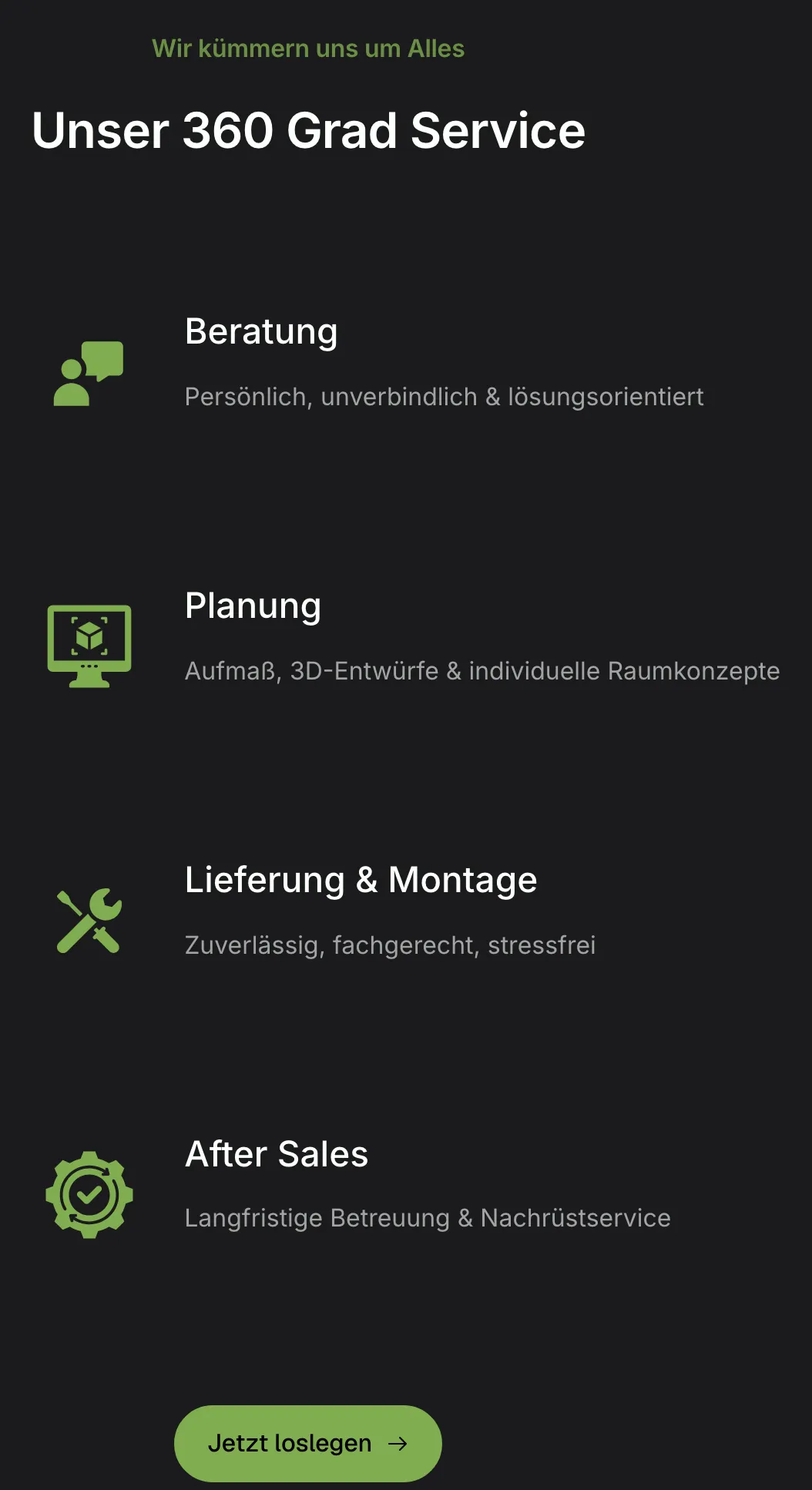 Ausschnitt der Website von Einrichtungsprofis GmbH, Leipzig: Vier klar benannte Schritte mit Unterzeilen — wer sucht, erkennt den Ablauf von Beratung bis After Sales ohne Nachfragen.