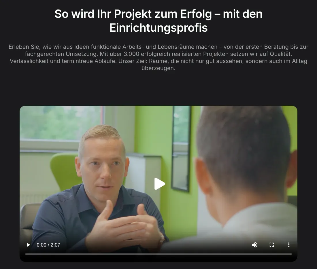 Ausschnitt der Website von Einrichtungsprofis GmbH, Leipzig: Über 3.000 Projekte genannt und ein 2:07‑Video — wer prüft, bekommt Belege und sieht den Ablauf statt Behauptungen.