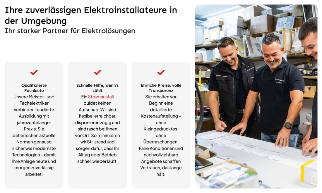 Ausschnitt der Website von ELEKTRO HÜBNER GMBH, Landkreis Groß-Gerau: 3 Kacheln mit Häkchen ordnen Qualifikation, Notfallhilfe und Preise — wer vergleicht, versteht die Stärken auf einen Blick.