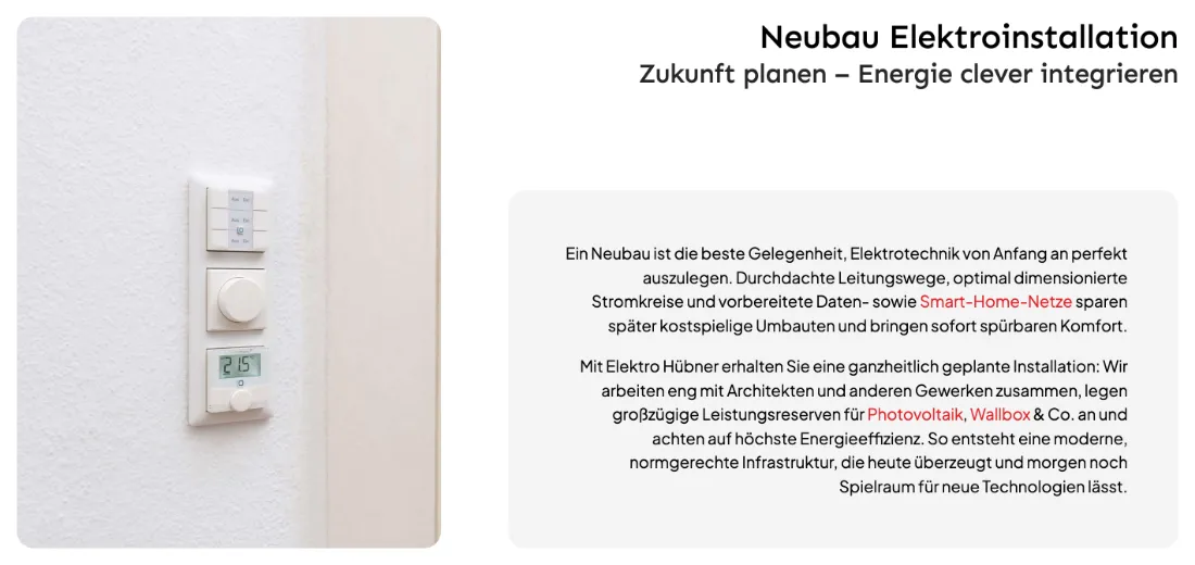 Ausschnitt der Website von ELEKTRO HÜBNER GMBH, Landkreis Groß-Gerau: Smart‑Home, Photovoltaik und Wallbox werden explizit genannt — der Besucher sieht, was frühzeitig mitgeplant wird.