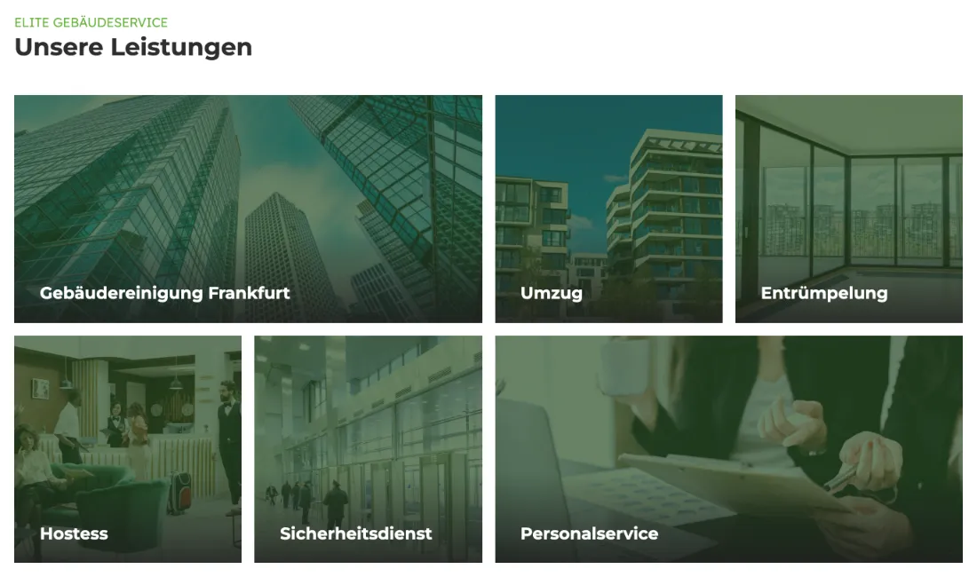 Ausschnitt der Website von Elite Gebäudeservice, Frankfurt am Main: Sechs Kacheln mit klaren Titeln und Ortangabe — wer sucht, sieht sofort, ob Gebäudereinigung, Umzug oder Entrümpelung passt.