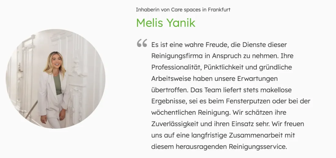 Ausschnitt der Website von Elite Gebäudeservice, Frankfurt am Main: Name, Rolle und ausführliches Zitat nebeneinander — der Besucher erkennt die Quelle sofort und kann die Aussage verorten.