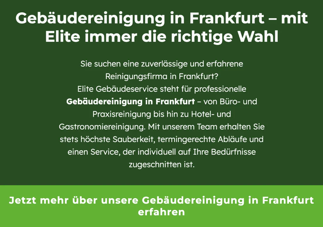 Ausschnitt der Website von Elite Gebäudeservice, Frankfurt am Main: Überschrift nennt Stadt und Leistung, darunter ein klarer Button — wer sucht, versteht das Angebot und hat den nächsten Schritt.