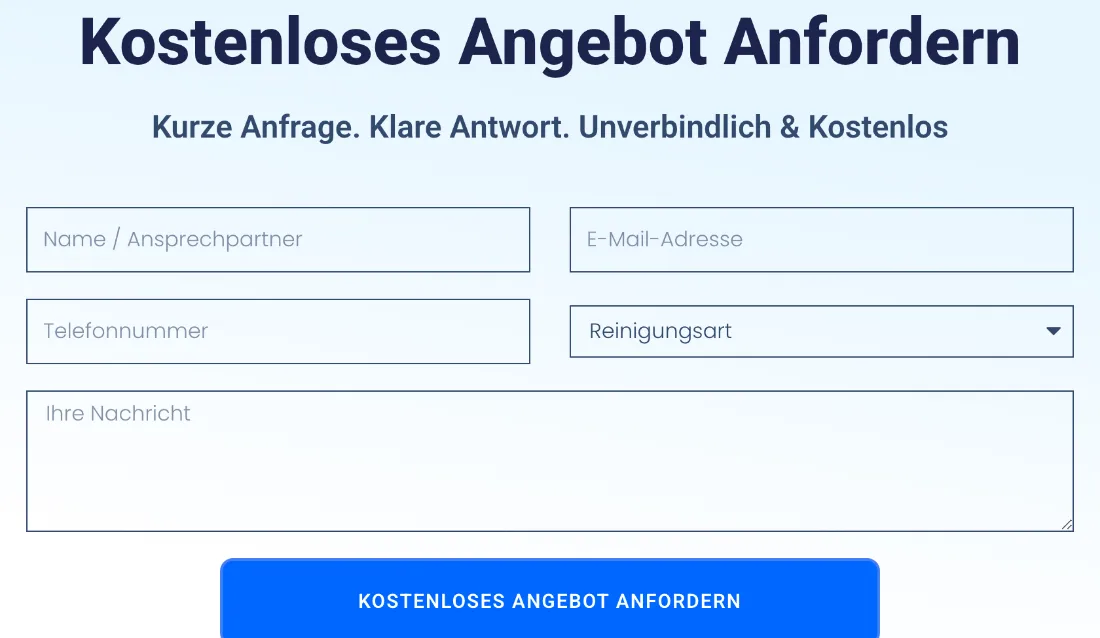 Ausschnitt der Website von EME Gebäudereinigung Stuttgart, Stuttgart: Überschrift verspricht „kostenlos“ und das Formular hat 5 Felder plus Dropdown — wer sucht, schickt ohne Hürden eine präzise Anfrage.