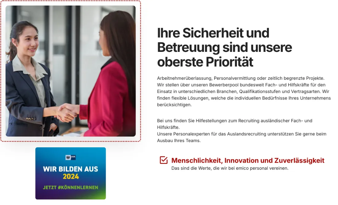 Ausschnitt der Website von emico personal GmbH, Frankfurt am Main: Werte, Leistungen und IHK-Siegel 'Wir bilden aus 2024' stehen zusammen — der Besucher ordnet Angebot und Haltung sofort ein.
