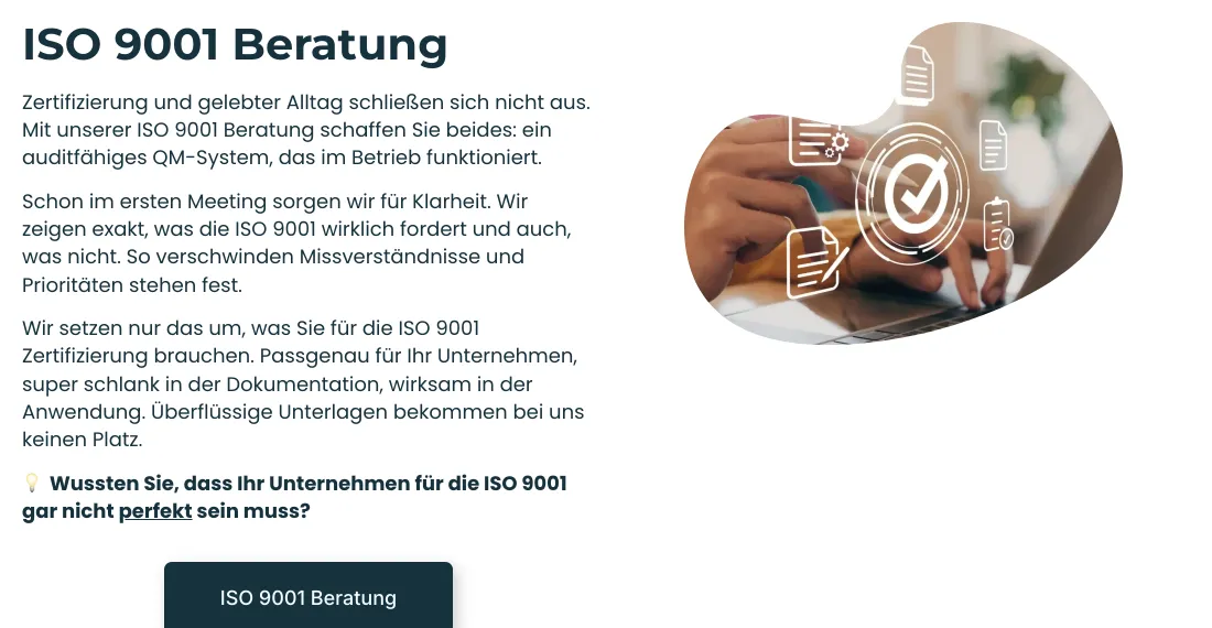 Ausschnitt der Website von Emmert Braun Consulting, Landkreis Ludwigsburg: Konkrete ISO‑9001‑Aussagen statt Floskeln — wer sucht, erkennt Aufwand und Prioritäten sofort und hat mit dem Button den nächsten Schritt.