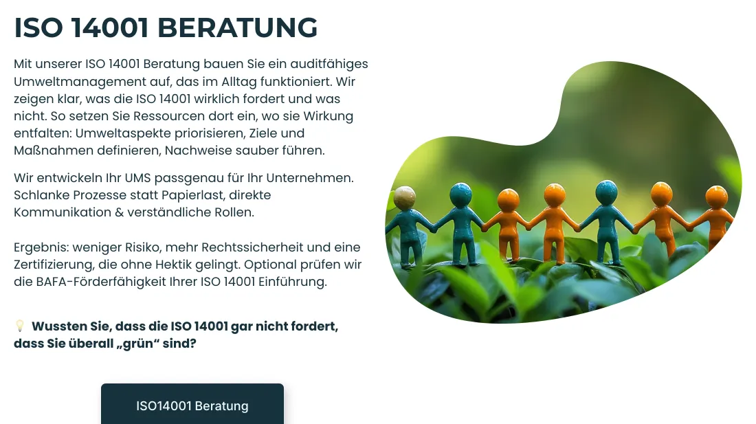 Ausschnitt der Website von Emmert Braun Consulting, Landkreis Ludwigsburg: Klare Aufgaben von Priorisieren bis Nachweisen und optionaler BAFA‑Check — Planung und Budget lassen sich auf einen Blick abschätzen.