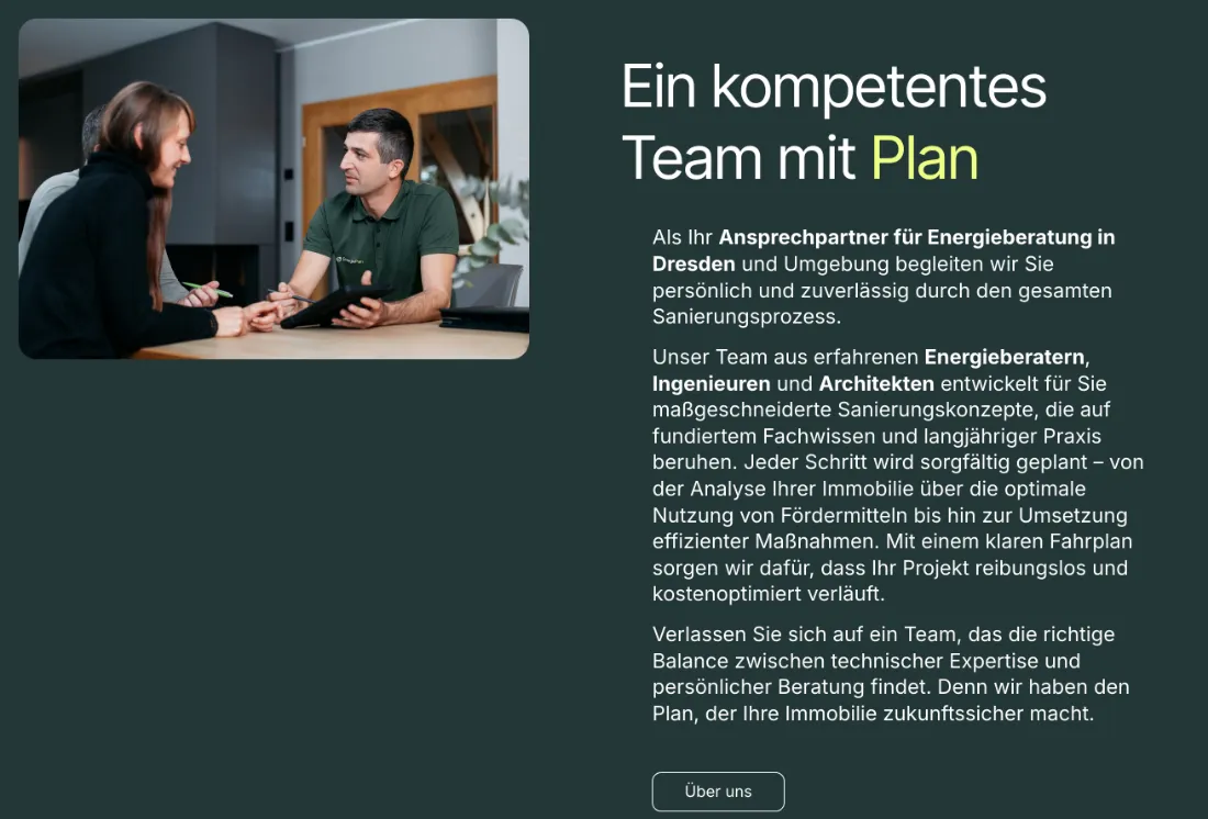 Ausschnitt der Website von FEGUS GmbH & Co. KG, Landkreis Sächsische Schweiz-Osterzgebirge: Ort und Rollen sind konkret benannt — wer in Dresden plant, sieht sofort, dass Analyse, Förderung und Umsetzung begleitet werden.