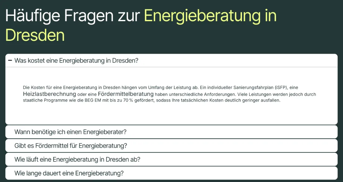 Ausschnitt der Website von FEGUS GmbH & Co. KG, Landkreis Sächsische Schweiz-Osterzgebirge: Fünf klare FAQs mit Angabe bis zu 70 % Förderung — wer Preise prüft, versteht Rahmen und Förderanteile sofort.