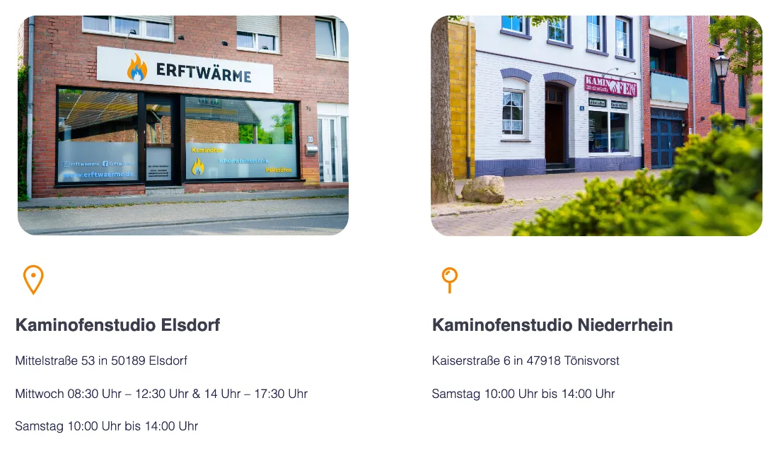 Ausschnitt der Website von Erftwärme, Rhein-Erft-Kreis: Zwei Standorte mit klaren Zeiten: Mi 08:30–12:30 & 14–17:30, Sa 10–14 — wer den Besuch plant, spart Nachfragen.