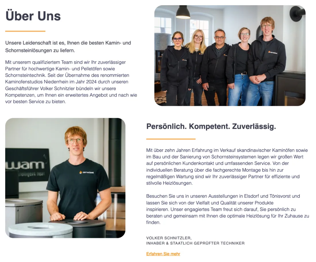 Ausschnitt der Website von Erftwärme, Rhein-Erft-Kreis: Jahreszahlen und Funktion nennen Klartext: seit 2024 zwei Studios, über 10 Jahre Erfahrung — wer prüft, hat einen Ansprechpartner.
